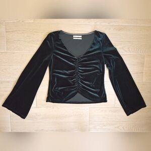 Urban Outfitters dark green velvet long-sleeved cropped ruched front top, small